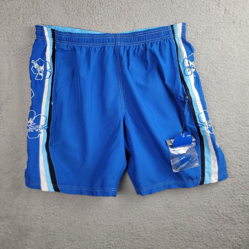 Speedo Swim Trunks Board Shorts Mens L Blue White Embroidered Waterproof Pocket